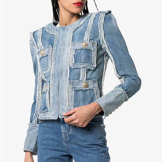Fringed Denim Jacket – Lion Buckle Detail & Vintage Edge